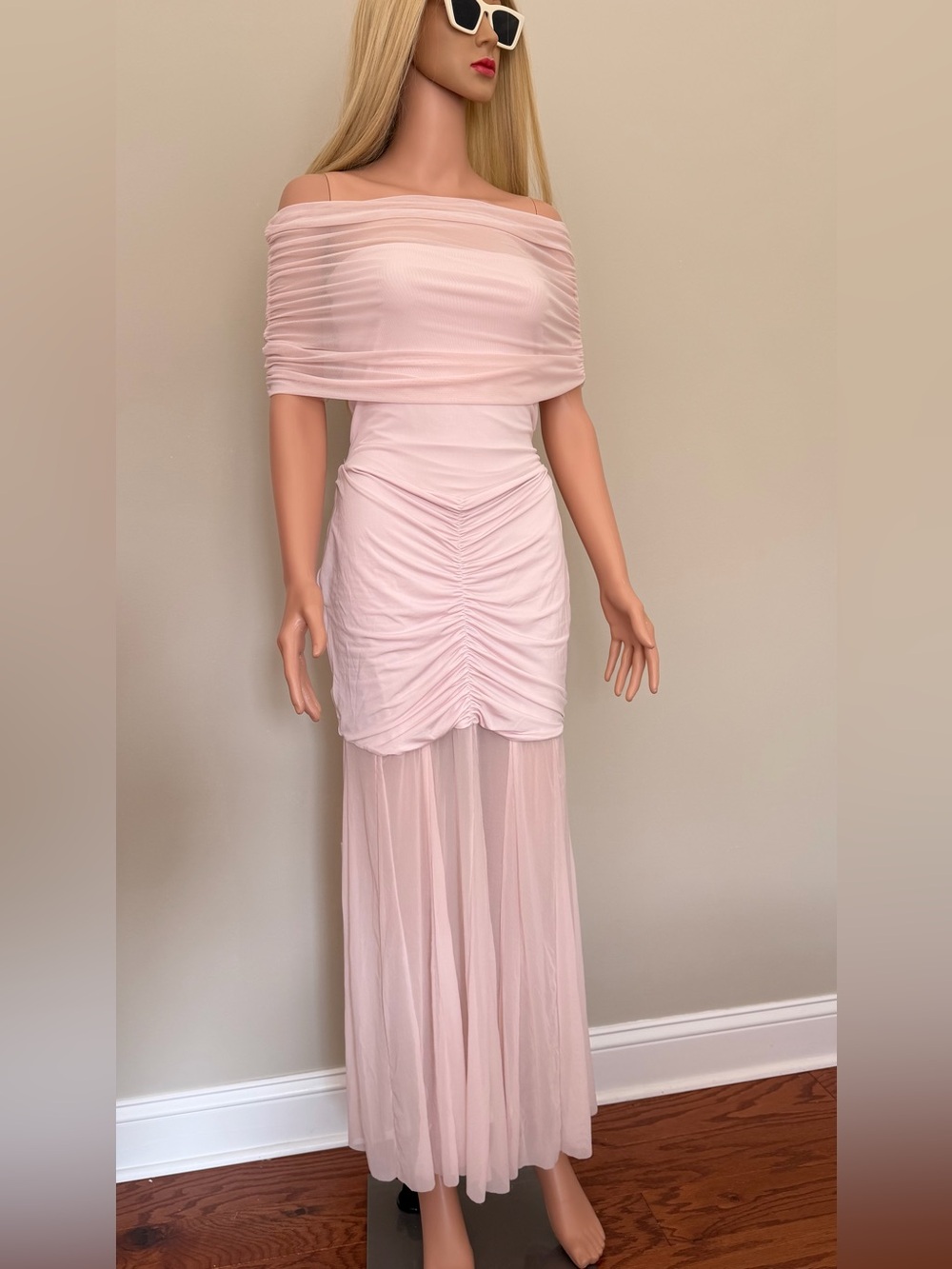 Meshki Strapless Sheer Blush Pink Maxi Dress